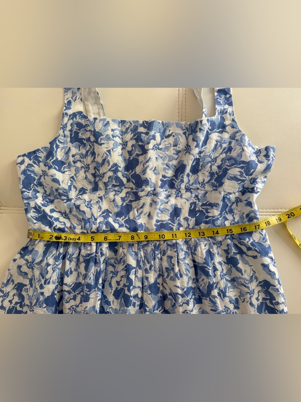 Quince Blue and White Floral Square-Neck Midi Dress 100% Linen - Picture 10 of 13
